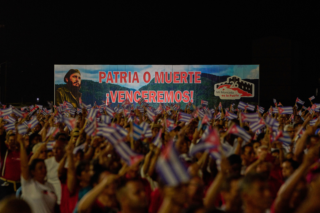 A billboard depicting the late leader Fidel Castro and reading "Homeland or death, we will defeat!" is seen during an event marking the 73th anniversary of the start of the Cuban Revolution in Pinar del Rio, Cuba, Sunday, July 26, 2026. (AP Photo/Ramon Espinosa)