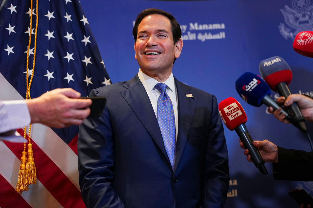 U.S. Secretary of State Marco Rubio speaks with members of the media before departing for Bahrain International Airport after his visit to the Middle East, in Manama, Bahrain Thursday, June 25, 2026. (Eric Lee/Pool Photo via AP)