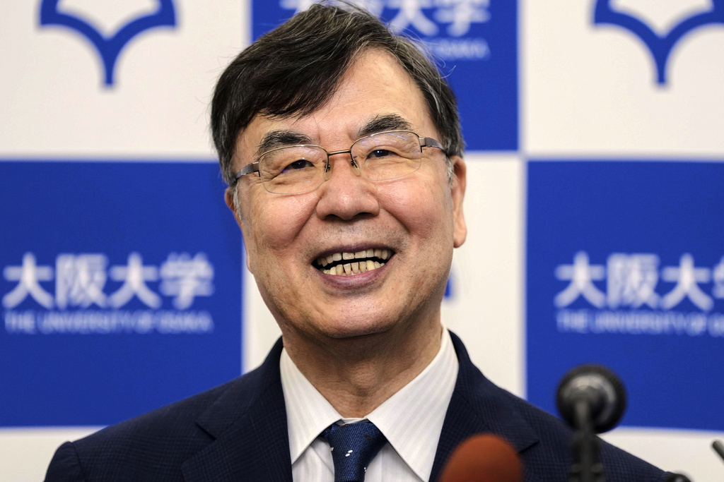 Osaka University professor Dr. Shimon Sakaguchi reacts as he speaks at a news conference in Suita, near Osaka, western Japan, Monday, Oct. 6, 2025, after he won the Nobel Prize in medicine. (Shohei Miyano/Kyodo News via AP)