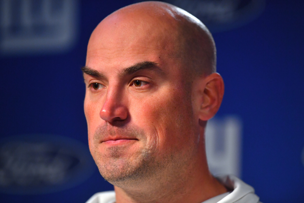 New York Giants interim head coach Mike Kafka talks to the media during a news conference after a loss to the New England Patriots following an NFL football game Monday, Dec. 1, 2025, in Foxborough, Mass. (AP Photo/Steven Senne)