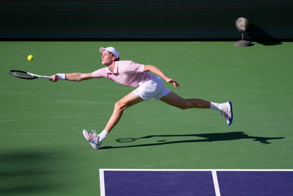 Jannik Sinner, of Italy, returns a shot against Daniil Medvedev, of Russia, during a final match at the BNP Paribas Open tennis tournament, Sunday, March 15, 2026, in Indian Wells, Calif. (AP Photo/Mark J. Terrill)