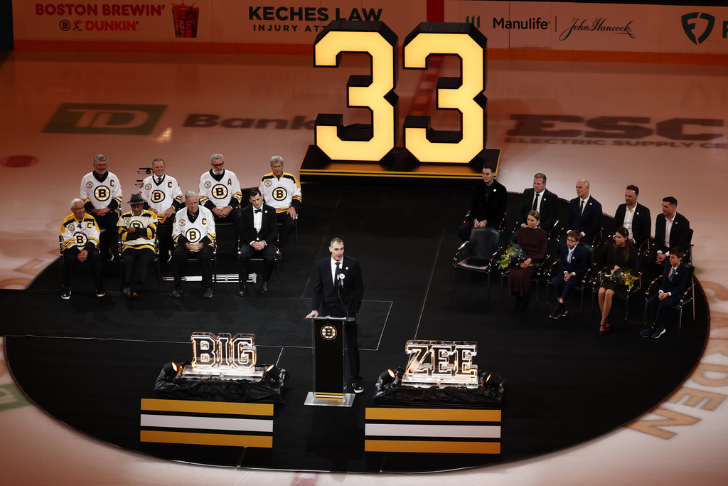 Former Boston Bruins captain Zdeno Chara speaks during his number retirement ceremony before an NHL hockey game between the Boston Bruins and the Seattle Kraken Thursday, Jan. 15, 2026, in Boston. (AP Photo/Winslow Townson)