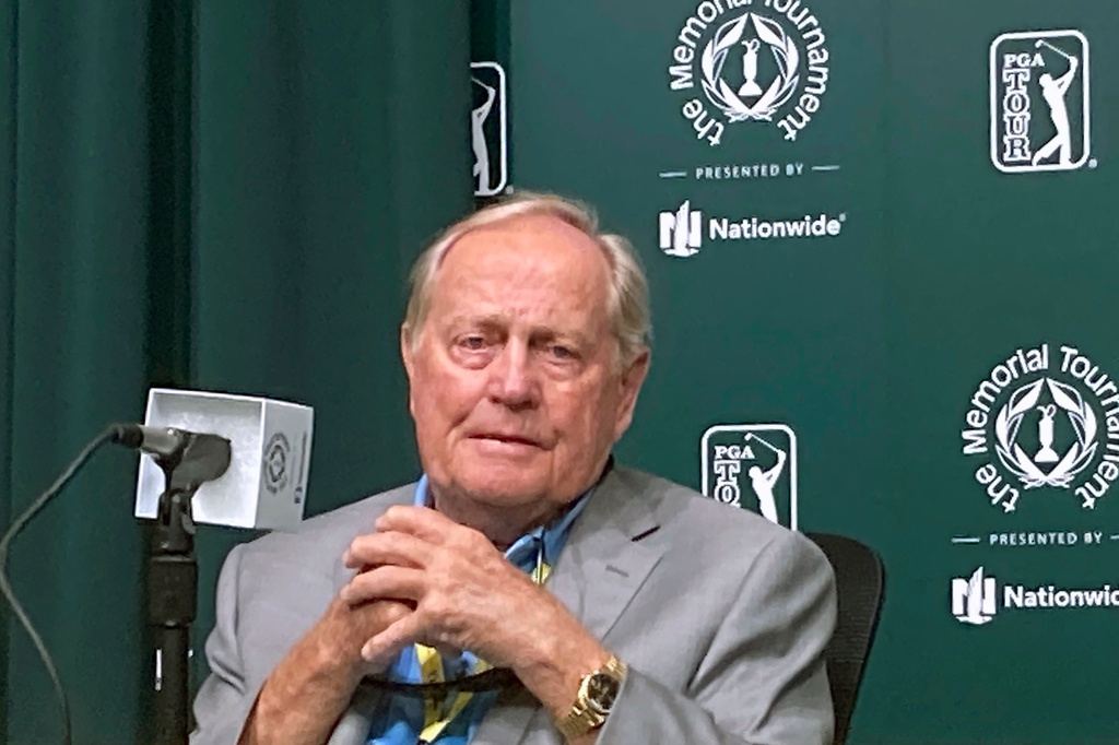 FILE - Jack Nicklaus speaks ahead of the Memorial golf tournament at Muirfield Village Golf Club in Dublin, Ohio, Tuesday, June 1, 2021. (AP Photo/Doug Ferguson, File)