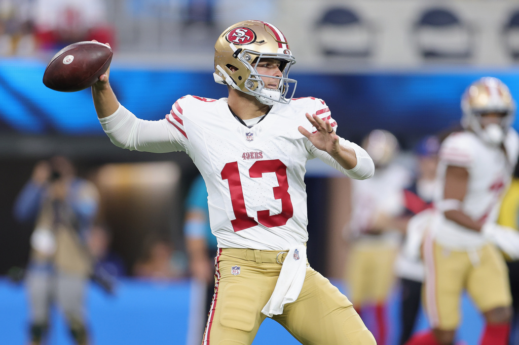 San Francisco 49ers quarterback Brock Purdy (13) passes against the Los Angeles Chargers during the first half of a preseason NFL football game, Thursday, Aug. 20, 2026, in Inglewood, Calif. (AP Photo/Ryan Sun)