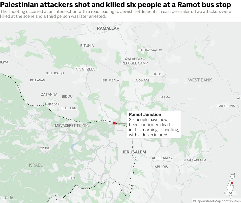 This map shows the location of the Palestinian attack at the Ramot bus stop, where six people were killed and a dozen were injured, according to Israeli officials. (AP Digital Embed)