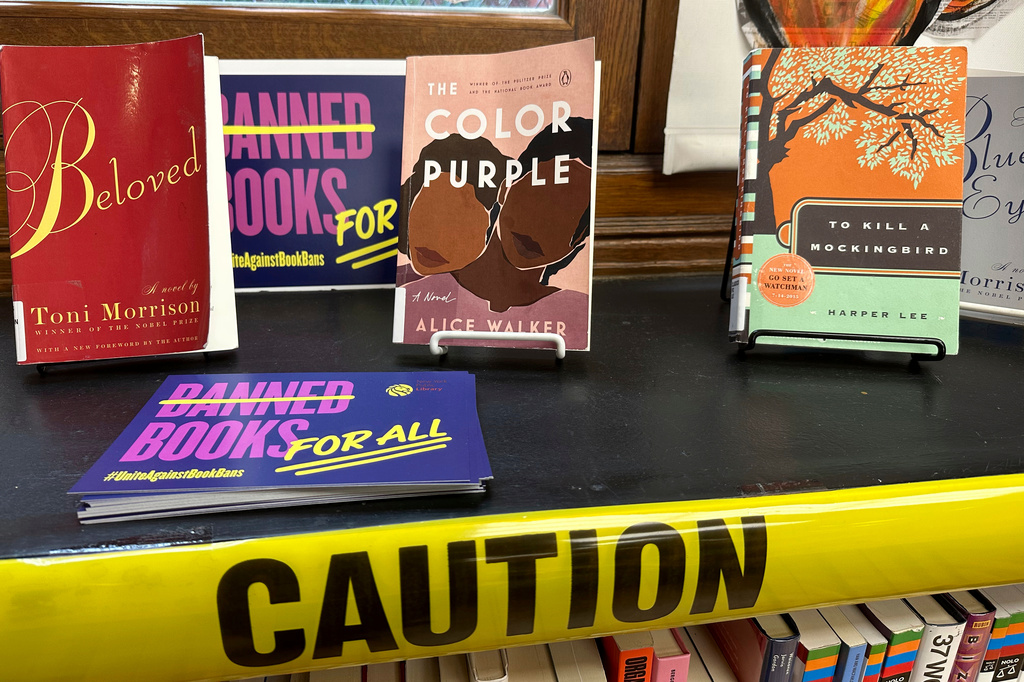 FILE - A Banned Books Week display is at the Mott Haven branch of the New York Public Library in the Bronx borough of New York City on Saturday, October 7, 2023. (AP Photo/Ted Shaffrey, file)