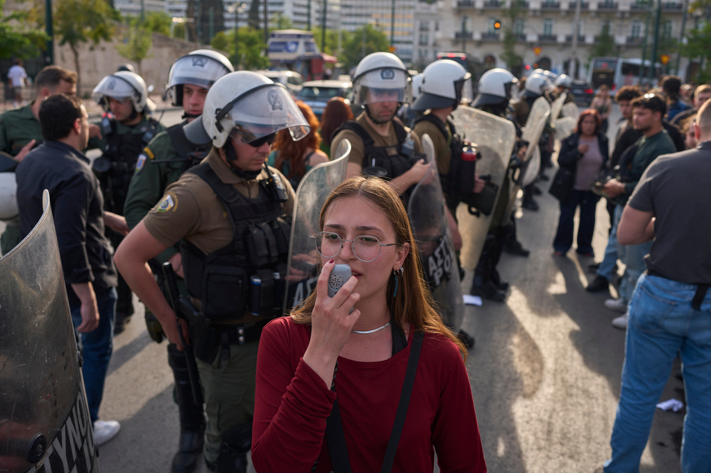 A demonstrator chants slogans outside Greece's Foreign Ministry in Athens, Thursday, April 30, 2026, during a rally to protest the interception of Gaza aid ships by Israeli forces near Greek waters. (AP Photo/Petros Giannakouris)