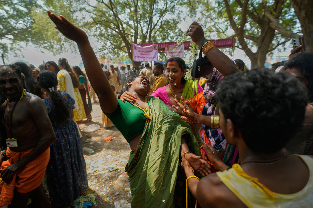 Transgender participants mourn the end of symbolic marriage to the Hindu god Aravan during the Koovagam festival in Kallakurichi district of the southern Indian state of Tamil Nadu, Wednesday, April 29, 2026. (AP Photo/Mahesh Kumar A.)