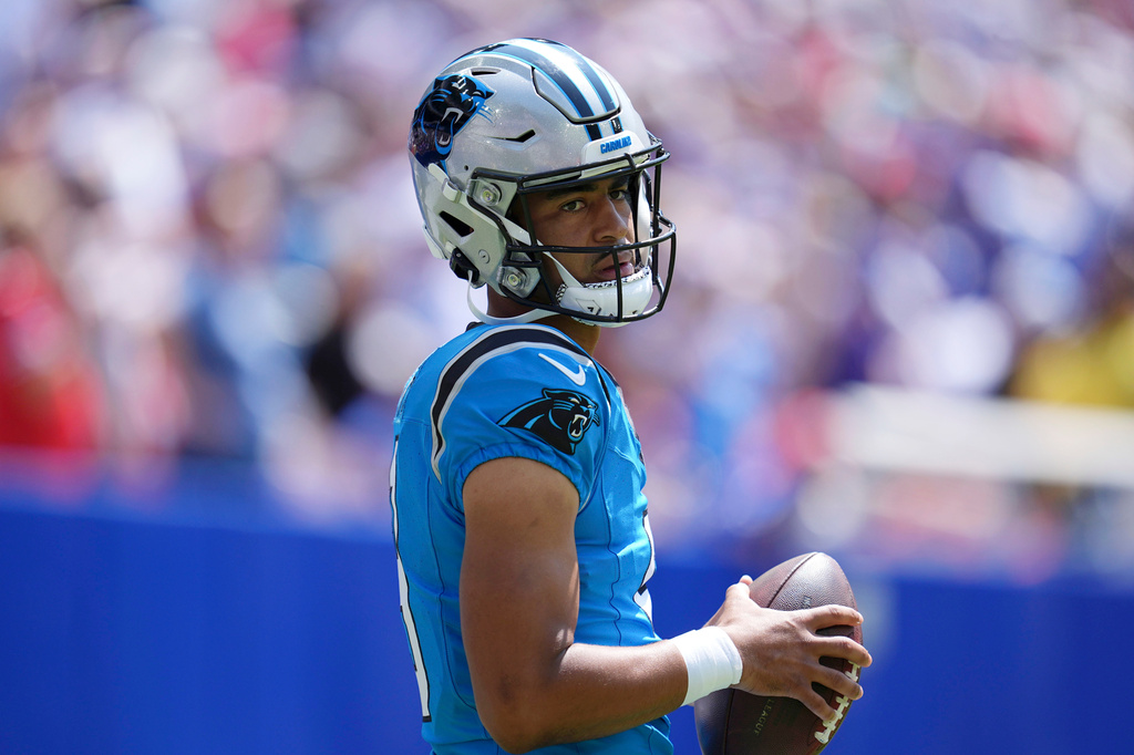 Carolina Panthers quarterback Bryce Young warms up before a preseason NFL football game against the Buffalo Bills, Saturday, Aug. 15, 2026, in Orchard Park, N.Y. (AP Photo/Abbie Parr)