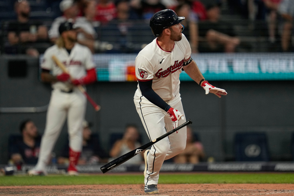 Cleveland Guardians' David Fry watches his home run in the seventh inning of a baseball game against the Chicago White Sox in Cleveland, Thursday, July 2, 2026. (AP Photo/Sue Ogrocki)