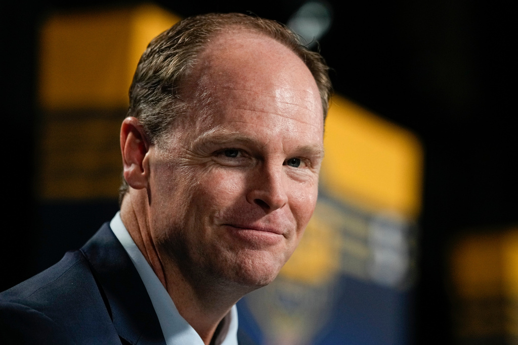 FILE - Buffalo Sabres general manager Kevyn Adams resounds to questions after the second day of the NHL hockey draft, June 29, 2023, in Nashville, Tenn. (AP Photo/George Walker IV, File)