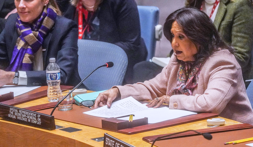 FILE - Pramila Patten, right, United Nations Special Representative of the Secretary-General on Sexual Violence in Conflict, addresses a meeting of the United Nations Security Council, March 11, 2024, at U.N. headquarters. (AP Photo/Bebeto Matthews, File)