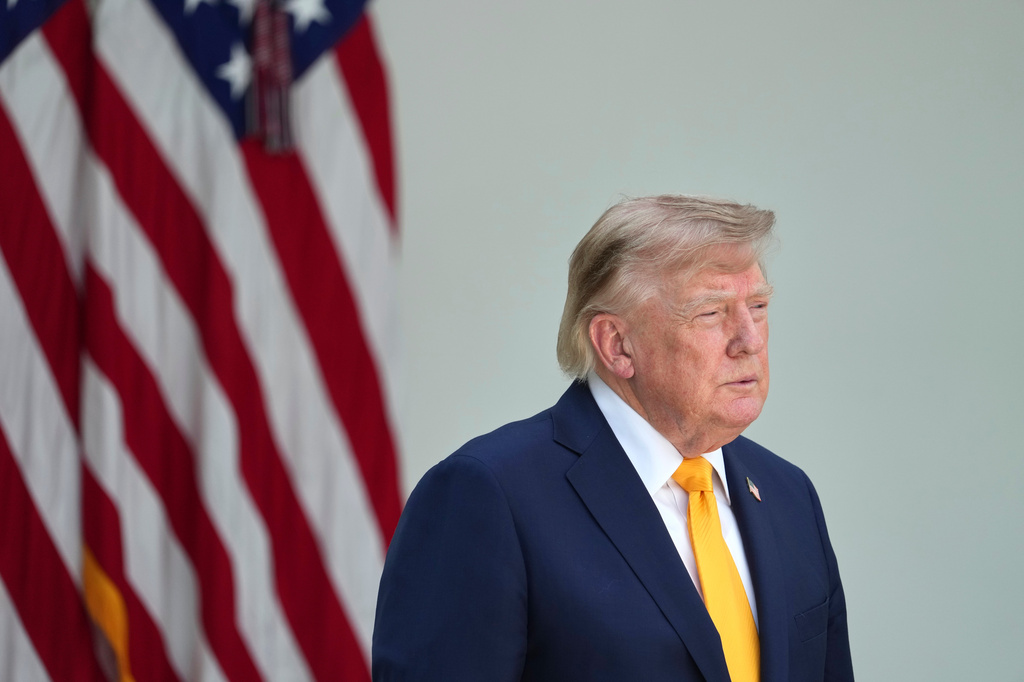 President Donald Trump listens during a back to school event in the Rose Garden of the White House, Monday, Aug. 24, 2026, in Washington. (AP Photo/Alex Brandon)
