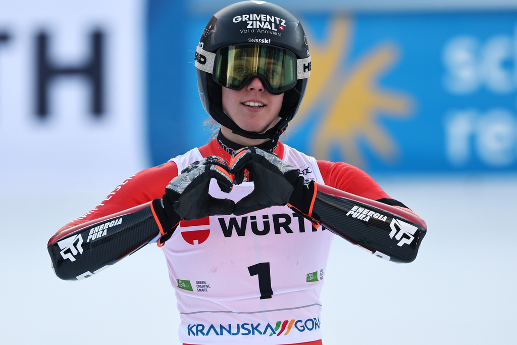 Switzerland's Camille Rast celebrates winning an alpine ski, women's World Cup giant slalom in Kranjska Gora, Slovenia, Saturday, Jan. 3, 2026. (AP Photo/Marco Trovati)
