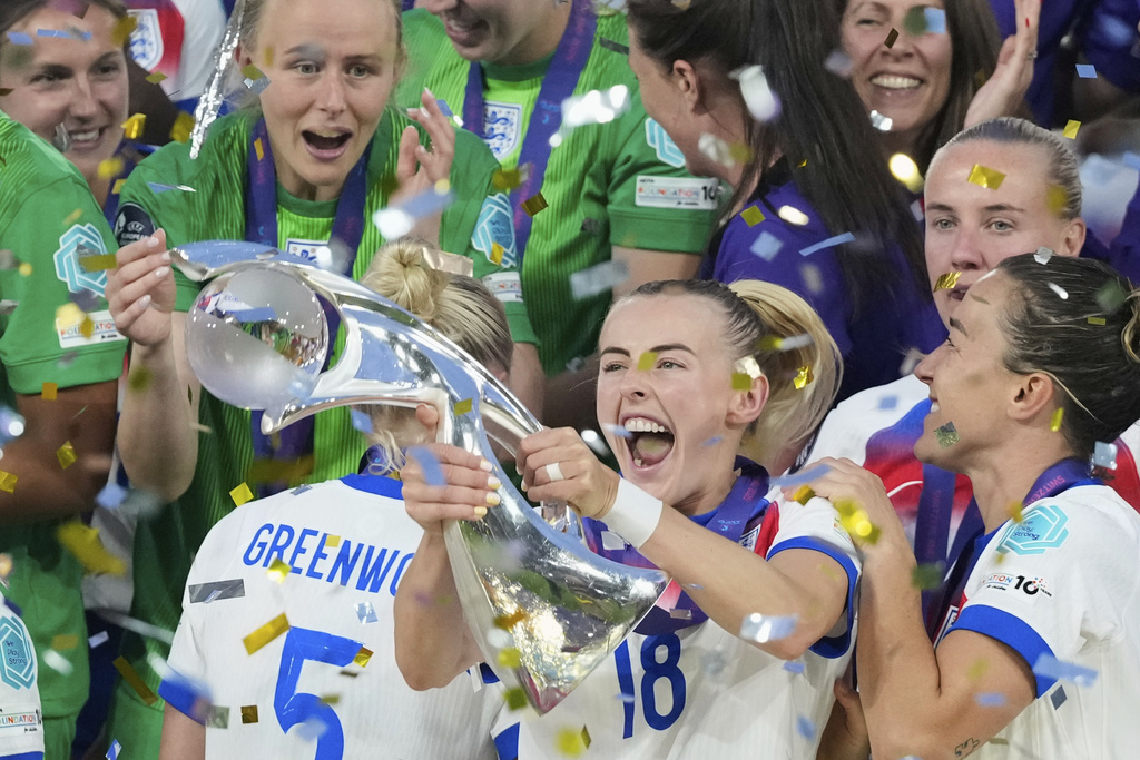FILE - England's Chloe Kelly celebrates with the trophy as goalkeeper Hannah Hampton at left looks on after winning the Women's Euro 2025 final soccer match between England and Spain at St. Jakob-Park in Basel, Switzerland, Sunday, July 27, 2025. (AP Photo/Alessandra Tarantino, File)