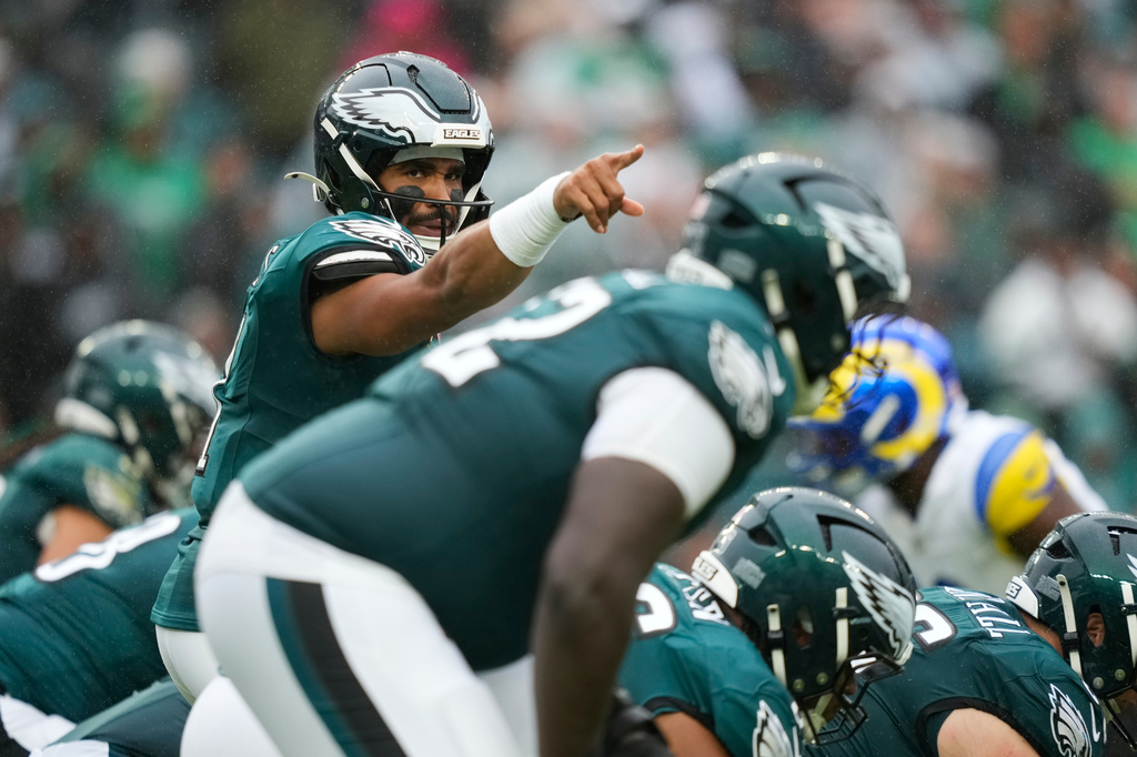 Philadelphia Eagles quarterback Jalen Hurts (1) gestures during the second half of an NFL football game against the Los Angeles Rams in Philadelphia, Sunday, Oct. 4, 2026. (AP Photo/Matt Slocum)