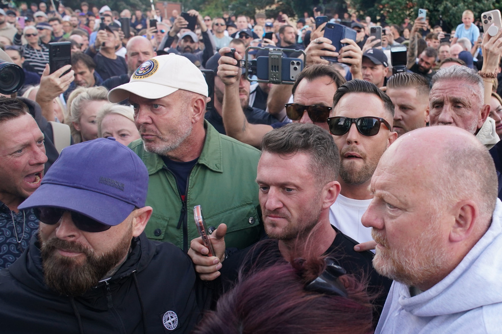 Tommy Robinson attends a protest outside the police station in Southampton, England, on Tuesday, June 2, 2026, concerning December 2025 stabbing victim Henry Nowak, 18. (Gareth Fuller/PA via AP)