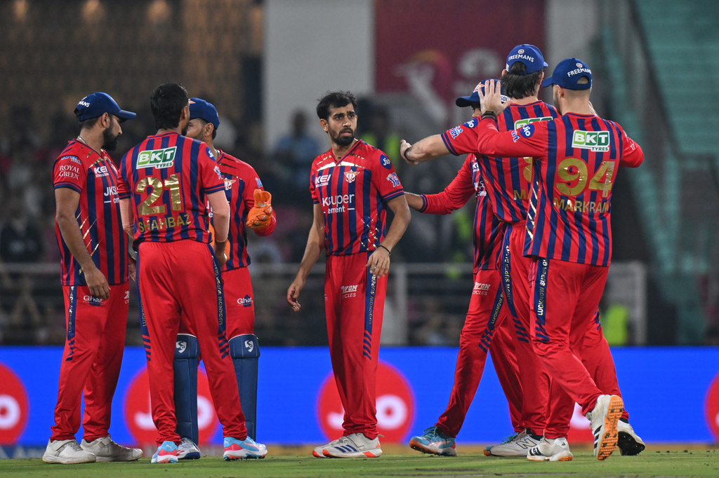 Lucknow Super Giants' Prince Yadav, center without cap, celebrates with teammates the wicket of Royal Challengers Bengaluru's Devdutt Padikkal during the Indian Premier League cricket match between Royal Challengers Bengaluru and Lucknow Super Giants in Lucknow, India, Thursday, May 7, 2026. (AP Photo)