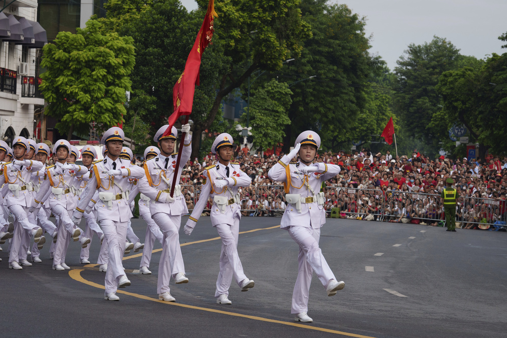 Vietnamese navy march during a rehearsal for the 80th National Day celebration in Hanoi, Vietnam, Saturday, Aug. 30, 2025. (AP Photo/Vincent Thian)