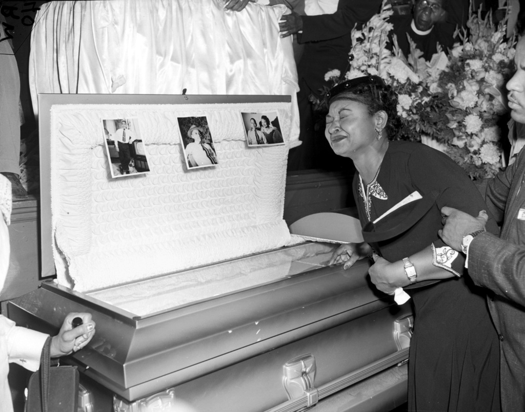 FILE - Mamie Till-Mobley weeps at her son's funeral on Sept. 6, 1955, in Chicago. (AP Photo/Chicago Sun-Times, File)