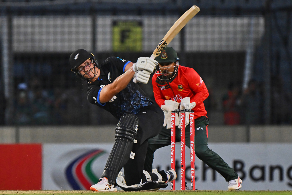 New Zealand's Bevon Jacobs plays a shot during the third T20 international cricket match between Bangladesh and New Zealand in Mirpur, Bangladesh, Saturday, May 2, 2026. (AP Photo/Mosaraf Hossain)