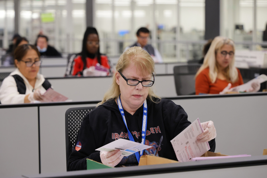 FILE - A worker examines ballots at the L.A. County Ballot Processing Center Nov. 4, 2025, in City of Industry, Calif. (AP Photo/Ethan Swope, File)