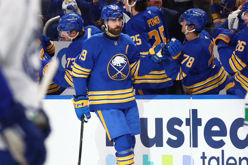 Buffalo Sabres right wing Alex Tuch (89) celebrates his goal during the second period of an NHL hockey game against the Vancouver Canucks Tuesday, Jan. 6, 2026, in Buffalo, N.Y. (AP Photo/Jeffrey T. Barnes)