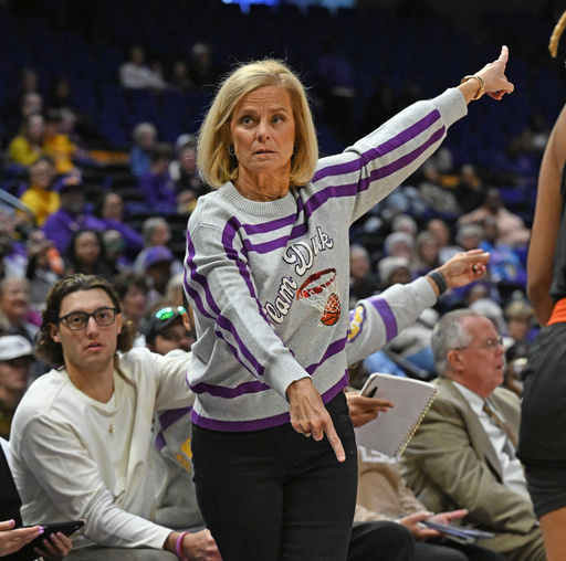 LSU head coach Kim Mulkey gestures during an NCAA college exhibition basketball game against Langston, Thursday, Oct. 30, 2025, in Baton Rouge, La. (Hilary Scheinuk/The Advocate via AP) LSU head coach Kim Mulkey gestures during an NCAA college exhibition basketball game against Langston, Thursday, Oct. 30, 2025, in Baton Rouge, La. (Hilary Scheinuk/The Advocate via AP)
