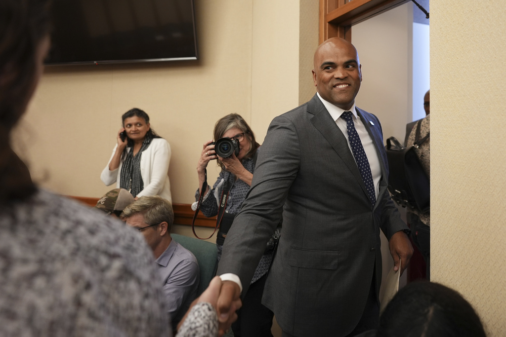 FILE - Colin Allred, right, attends a public hearing on congressional redistricting at the Texas Capitol in Austin, Texas, Aug. 1, 2025. (AP Photo/Eric Gay, File)