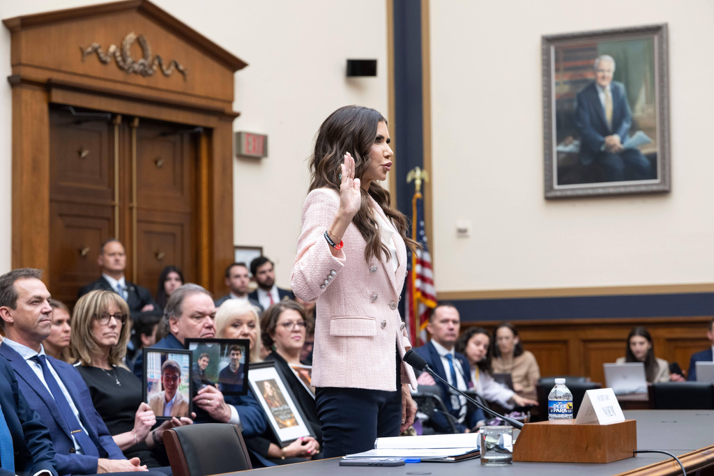 Homeland Security Secretary Kristi Noem is sworn in before testifying in front of a House Judiciary Committee hearing on the oversight of the Department of Homeland Security, Wednesday, March 4, 2026 in Washington. (AP Photo/Kevin Wolf)