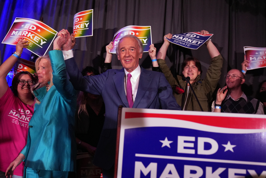 U.S. Sen. Edward Markey, D-Mass., reacts with his wife Susan Blumenthal after winning the Democratic nomination during a primary election night event Tuesday, Sept. 1, 2026, in Boston. (AP Photo/Charles Krupa)