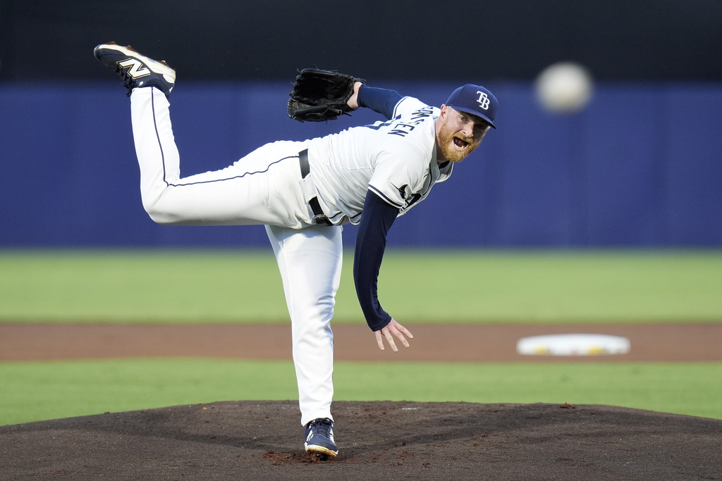 Tampa Bay Rays' Drew Rasmussen pitches to the Seattle Mariners during the first inning of a baseball game Tuesday, Sept. 2, 2025, in Tampa, Fla. (AP Photo/Chris O'Meara)