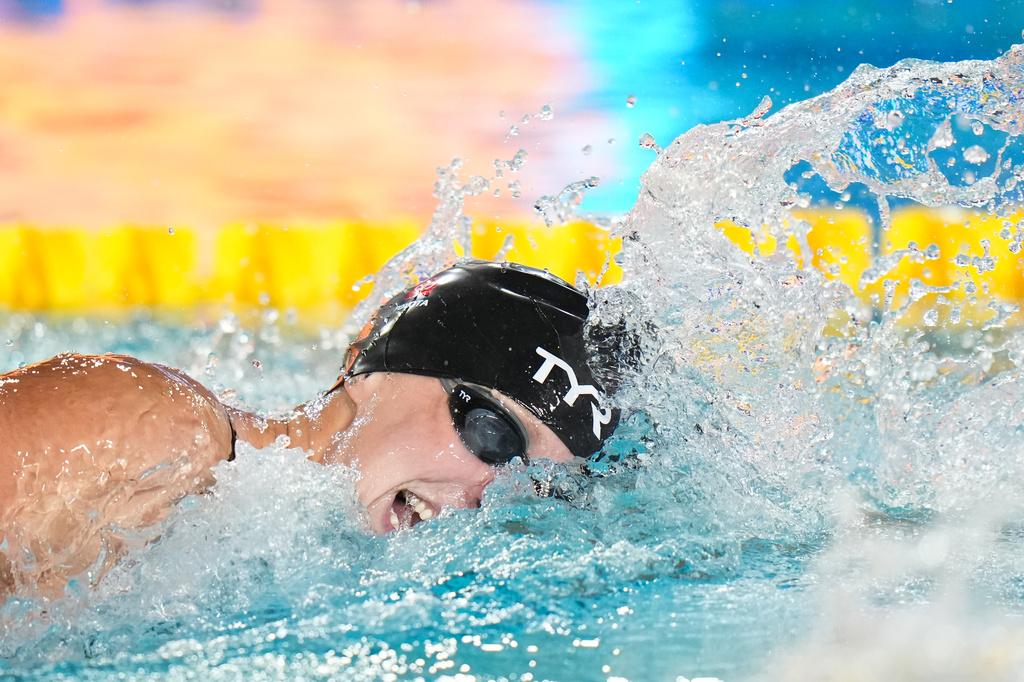 Katie Ledecky, of the United States, competes in the women's 1500-meter freestyle final at the Pan Pacific Swimming Championships in Irvine, Calif., Wednesday, Aug. 12, 2026. (AP Photo/Jae C. Hong)