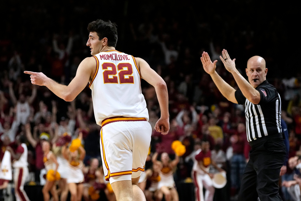 Iowa State forward Milan Momcilovic reacts after making a 3-point basket during the second half of an NCAA college basketball game against West Virginia, Friday, Jan. 2, 2026, in Ames, Iowa. (AP Photo/Charlie Neibergall)