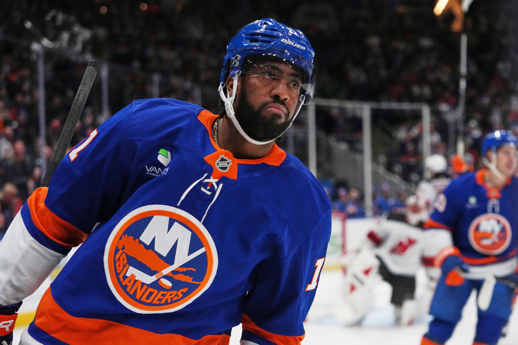 New York Islanders' Anthony Duclair (11) reacts after scoring a goal during the first period of an NHL hockey game against the New Jersey Devils Tuesday, Jan. 6, 2026, in Elmont, N.Y. (AP Photo/Frank Franklin II)