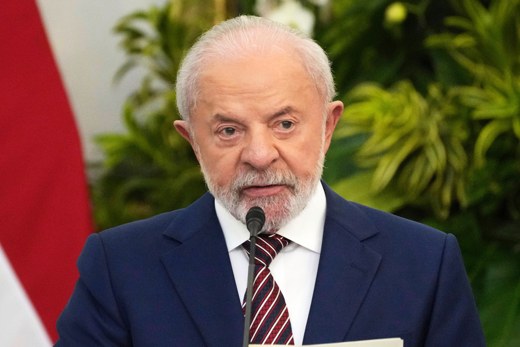 FILE - Brazil's President Luiz Inacio Lula da Silva talks to journalists during a joint press conference with Indonesian President Prabowo Subianto at Merdeka Palace in Jakarta, Indonesia, Oct. 23, 2025. (AP Photo/Achmad Ibrahim, File)