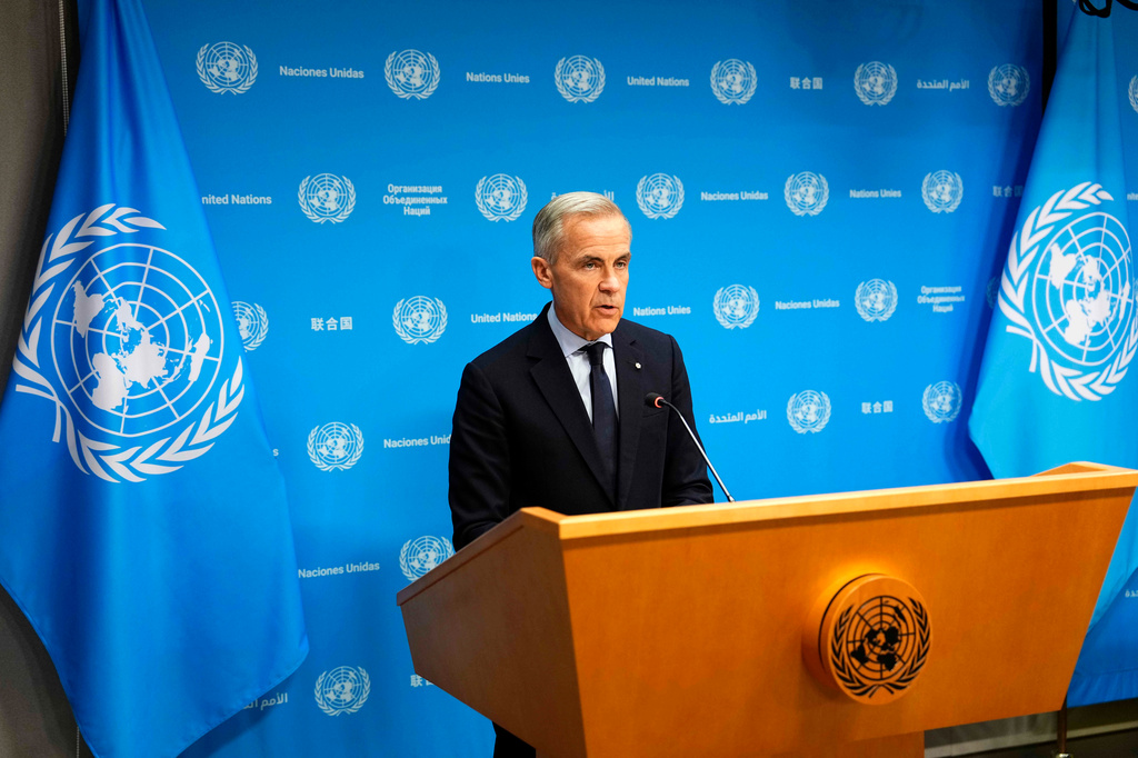 Canada Prime Minister Mark Carney speaks during a media availability on the sidelines of the the United Nations General Assembly (UNGA) at the UN headquarters on Tuesday, Sept. 22, 2026. (Justin Tang/The Canadian Press via AP)