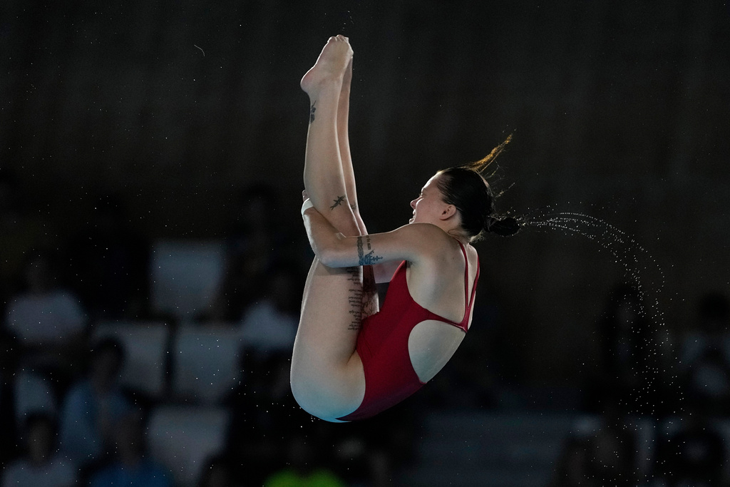 FILE - Ukraine's Sofiia Lyskun competes in the women's 10m platform diving preliminary at the 2024 Summer Olympics, on Aug. 5, 2024, in Saint-Denis, France. (AP Photo/Lee Jin-man, File)