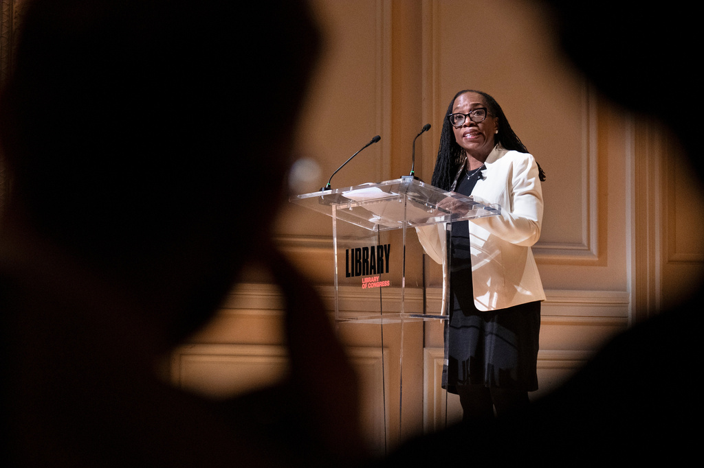 FILE- Supreme Court Justice Ketanji Brown Jackson speaks to the 2025 Supreme Court Fellows Program, Feb. 13, 2025, at the Library of Congress in Washington. (AP Photo/Jacquelyn Martin, Pool, File)
