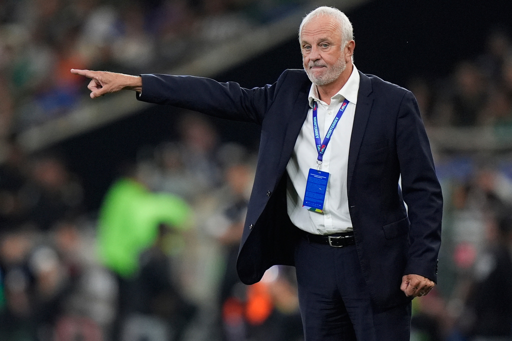 FILE - Iraq's coach Graham Arnold gives instructions during the World Cup playoff final soccer match between Iraq and Bolivia in Monterrey, Mexico, Tuesday, March 31, 2026. (AP Photo/Fernando Llano, File)
