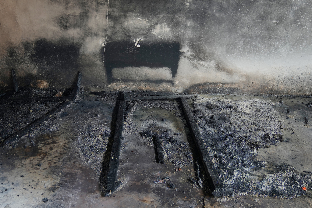 A remnants of a charred bed is seen following a fire at a nursing home in Anguruwatota, Sri Lanka, Friday, June 5, 2026.(AP Photo/Eranga Jayawardena)