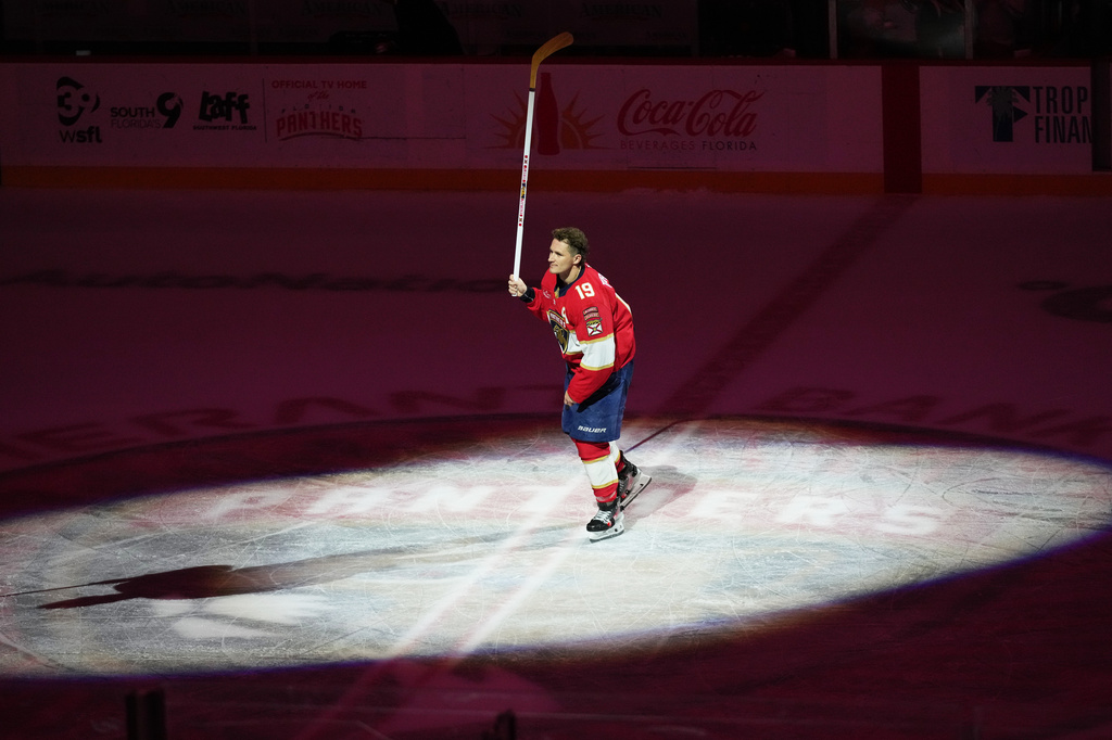 Florida Panthers left wing Matthew Tkachuk skates on the ice after being named the first star of the game after an NHL hockey game against the Ottawa Senators, Tuesday, March 31, 2026, in Sunrise, Fla. (AP Photo/Lynne Sladky)