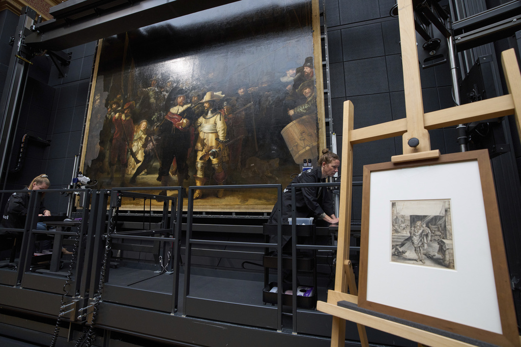 The 17th century drawing by Dutch artist Adriaen van de Venne which inspired Rembrandt when painting a dog in the Night Watch, is shown on an easel at the Rijksmuseum in Amsterdam, Netherlands, Tuesday, Sept. 23, 2025. (AP Photo/Peter Dejong)