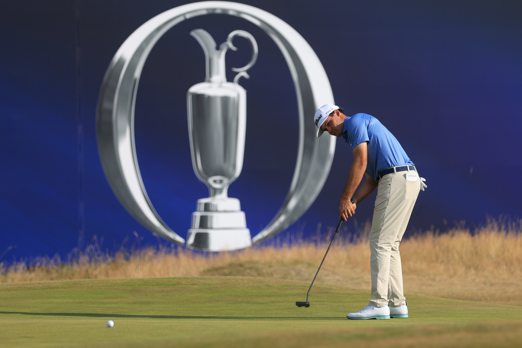 Jackson Suber of the United States putts win the 18th green during the first day of the British Open Golf championships at Royal Birkdale golf club, in Southport, England, Thursday, July 16, 2026. (AP Photo/Peter Morrison)