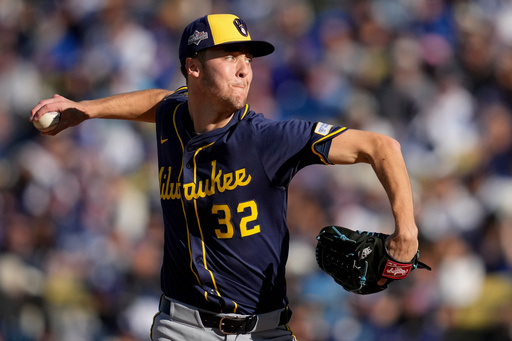 Milwaukee Brewers pitcher Jacob Misiorowski throws against the Los Angeles Dodgers during the second inning in Game 3 of baseball's National League Championship Series, Thursday, Oct. 16, 2025, in Los Angeles. (AP Photo/Ashley Landis) Milwaukee Brewers pitcher Jacob Misiorowski throws against the Los Angeles Dodgers during the second inning in Game 3 of baseball's National League Championship Series, Thursday, Oct. 16, 2025, in Los Angeles. (AP Photo/Ashley Landis)