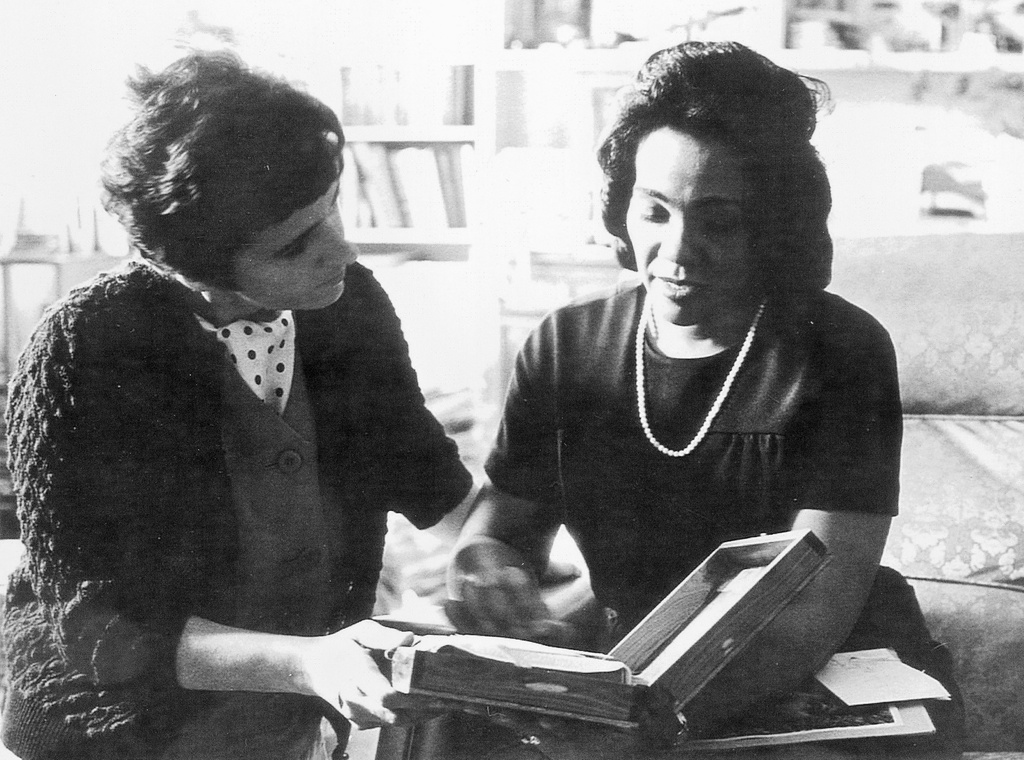 FILE - Coretta Scott King and AP reporter Kathryn Johnson, left, review plans for The King Center during a meeting IN 1968 on the campus of Atlanta University in Atlanta. (AP Photo, File)