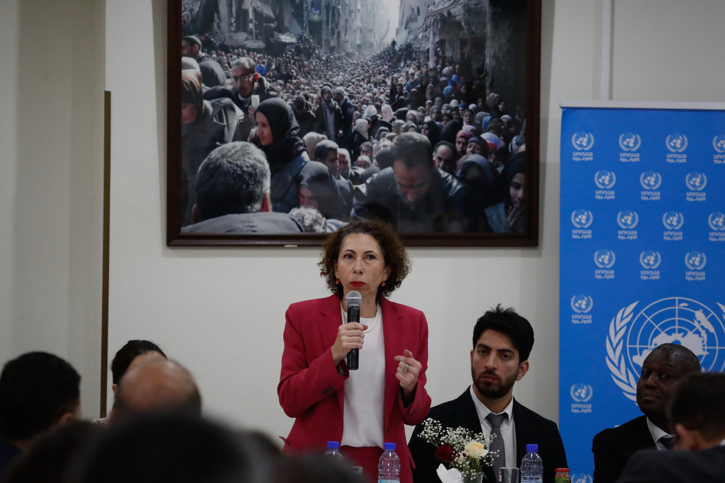 Natalie Boucly, deputy commissioner-general for programmes and partnerships at the United Nations Relief and Works Agency for Palestine Refugees in the Near East (UNRWA), speaks during a UNRWA partner engagement event at a UNRWA center in the Yarmouk Palestinian refugee camp in Damascus, Syria, Tuesday, May 19, 2026. (AP Photo/Omar Sanadiki)
