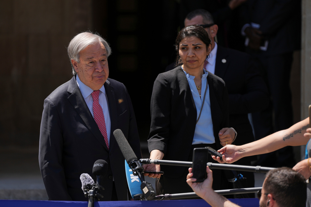 United Nations Secretary General Antonio Guterres, speaks to the press after his meeting with Cyprus' President Nikos Christodoulides, in divided capital Nicosia, Cyprus, on Tuesday, July 28, 2026. (AP Photo/Petros Karadjias)
