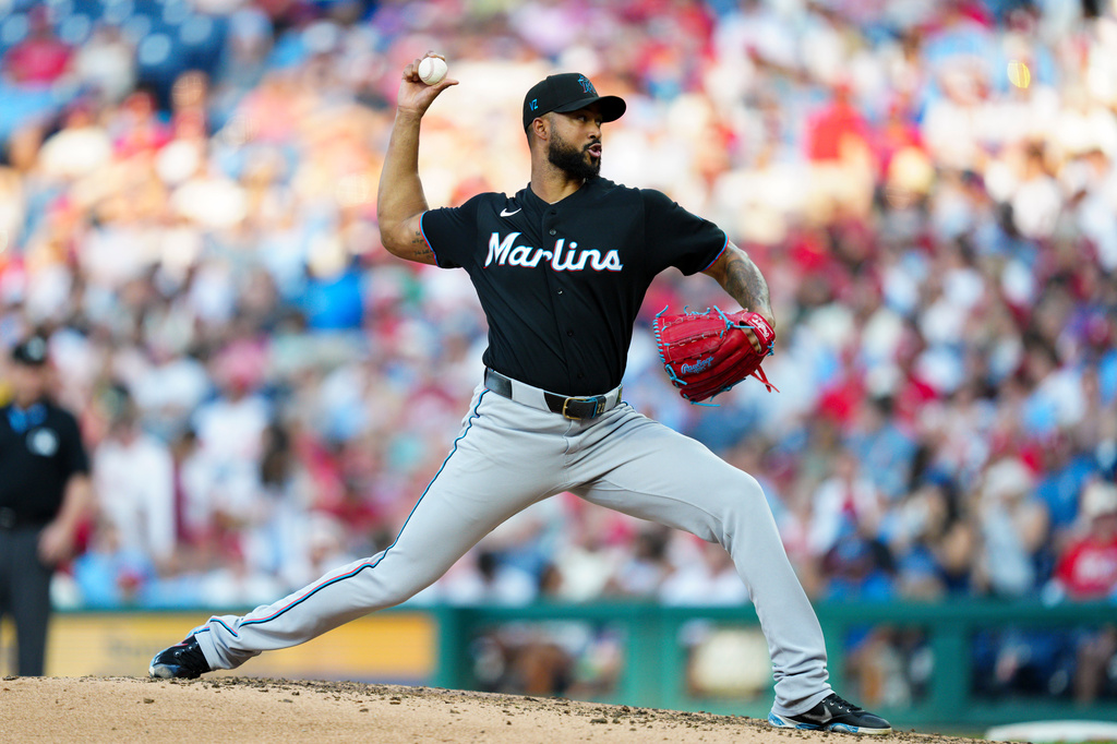 Miami Marlins pitcher Sandy Alcantara throws during the third inning of a baseball game against the Philadelphia Phillies, Wednesday, Aug. 19, 2026, in Philadelphia. (AP Photo/Derik Hamilton)