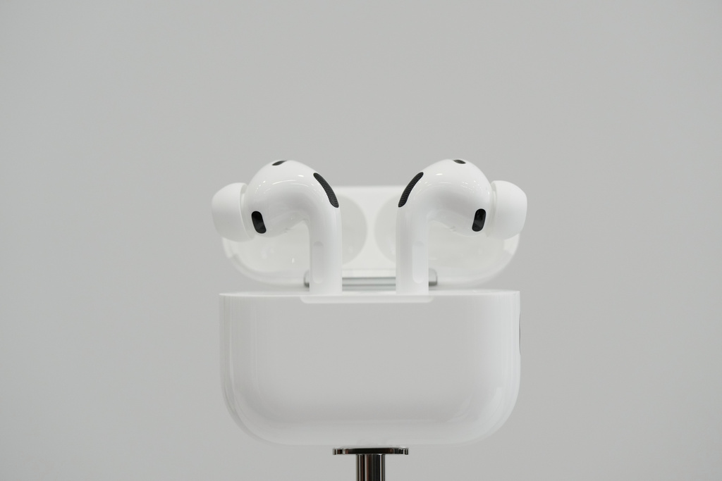 The AirPods Pro 3 are displayed during an announcement of new products at Apple Park on Tuesday, Sept. 9, 2025, in Cupertino, Calif. (AP Photo/Godofredo A. Vásquez)